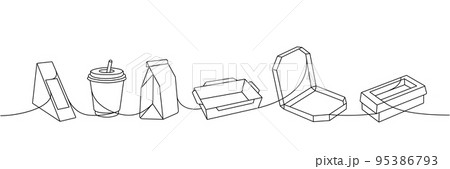 Set of takeaway cardboard boxes one line continuous drawing. Empty cardboard boxes, bags for takeaway food continuous one line illustration. Set of takeaway cardboard boxes one line continuous drawing. Empty cardboard boxes, bags for takeaway food continuous one line illustration. 95386793