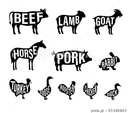 Set of farm animal silhouette with lettering. Pig, Horse, Turkey, Goat, Sheep, Chicken, Rooster, Duck, Rabbit, Goose, Cow silhouette. Farm animal icon 95386803