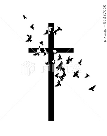 Dove flying with a Symbol of Religion. Cross. Dove Of Peace. No war. Freedom to Ukraine . Vector illustration. 95387050