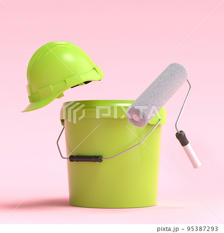 Set of safety helmet, bucket with paint rollers and brushes on pink background. Set of safety helmet, bucket with paint rollers and brushes on pink background. 95387293