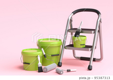 Set of metal cans or buckets with paint roller, brush and folding ladder on pink 95387313