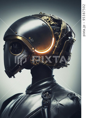 Close up Portrait of a Cyberpunk Cyborg with a Glowing Helmet Close up Portrait of a Cyberpunk Cyborg with a Glowing Helmet 95387502