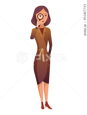 Female private detective or inspector investigate crime and look for evidence. Detective character with magnifying glass cartoon flat style. Investigator solving crime 95387735