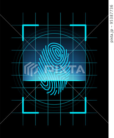 Fingerprint identification. Scan fingerprint, security or identification system concept. Futuristic technology. Biometric data design. Security system based on thumb lines, vector illustration Fingerprint identification. Scan fingerprint, security or identification system concept. Futuristic technology. Biometric data design. Security system based on thumb lines, vector illustration 95387736