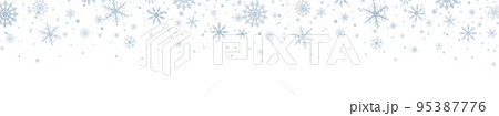 Snowflakes blue frame. Luxury Christmas garland border. Snowflake falling with different ornaments. Happy New Year banner. Winter design card. Frozen ice silhouette. Vector illustration 95387776