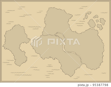 Cartoon island map template for next level game. Pirate map with old fantasy creatures, treasure island. Hand drawn vector illustration, vintage background Cartoon island map template for next level game. Pirate map with old fantasy creatures, treasure island. Hand drawn vector illustration, vintage background 95387798