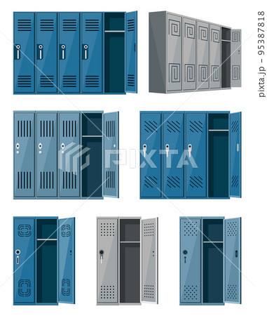 Metal cabinets lockers, school changing room steel cupboard. Isolated grey storage boxes with open and closed doors, locks and shelves and vents 95387818
