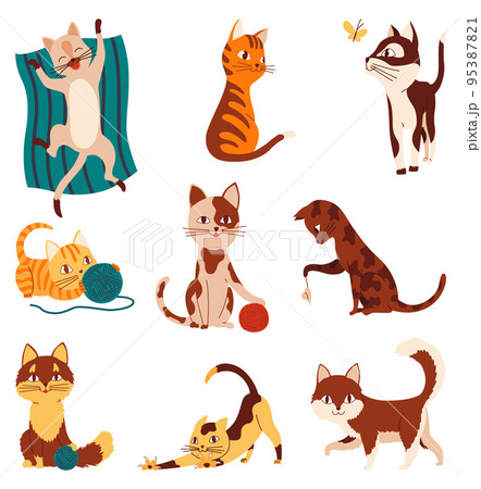 Doodle cats. Cute and funny pets vector set. Cartoon kitten characters design collection color in different style and poses. Adorable animal sleeping, stretching itself, playing with ball of yarn 95387821