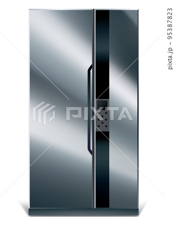 Gray vertical fridge for preserve food. Silver refrigerator with two doors. Modern cooler for home, products storage 95387823
