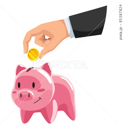 Piggy bank savings and hand with coin. Moneybox in form of pig and coins falling. Crowd funding and savings concept. Accumulation of money or investment 95387824