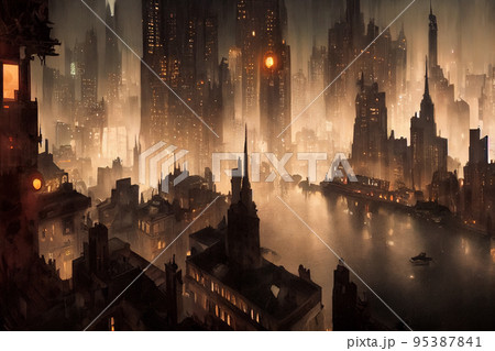 Concept art illustration of Gotham city at night 95387841