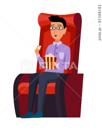 Cinema. Man sitting in chair at movie theater auditorium with pop corn box. Young male watching film or motion picture. Viewer or moviegoer. Flat cartoon vector illustration Cinema. Man sitting in chair at movie theater auditorium with pop corn box. Young male watching film or motion picture. Viewer or moviegoer. Flat cartoon vector illustration 95388183