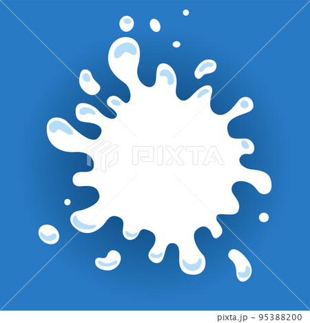 Milk label with drops and splashes. Milk badge of creative package. Liquid amoeba shape. Vector design milk symbol. Background with place for text Milk label with drops and splashes. Milk badge of creative package. Liquid amoeba shape. Vector design milk symbol. Background with place for text 95388200