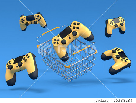 Set of gamer joysticks or gamepads in metal wire basket on blue background Set of gamer joysticks or gamepads in metal wire basket on blue background 95388234