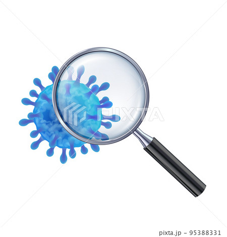 Vector illustration of blue virus cell under the magnifying glass 95388331