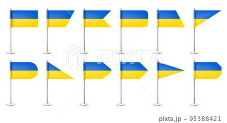 Realistic various Ukrainian table flags on a chrome steel pole. Souvenir from Ukraine. Desk flag made of paper or fabric, shiny metal stand. Mockup for promotion and advertising. Vector illustration Realistic various Ukrainian table flags on a chrome steel pole. Souvenir from Ukraine. Desk flag made of paper or fabric, shiny metal stand. Mockup for promotion and advertising. Vector illustration 95388421