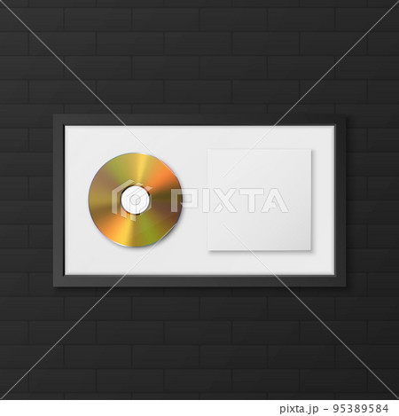 Realistic Vector 3d Yellow Golden CD, Label with Black CD Cover Frame on Black Brick Wall Background. Single Album Compact Disc Award, Limited Edition. CD Design Template 95389584