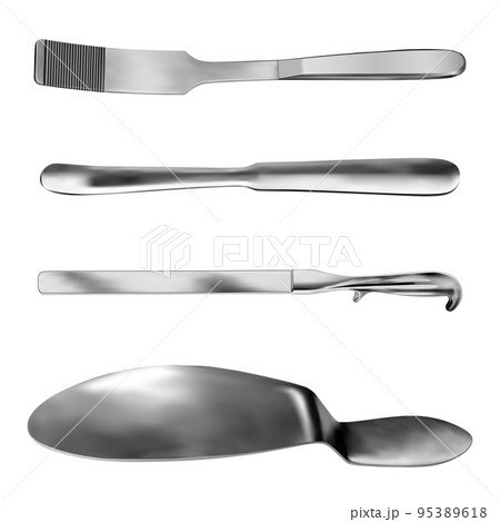 Set of surgical abdominal spatulas Kader Buyalsky Reverden. Special medical instruments for surgical operations in the abdominal cavity. Objects on a white background. Vector illustrations Set of surgical abdominal spatulas Kader Buyalsky Reverden. Special medical instruments for surgical operations in the abdominal cavity. Objects on a white background. Vector illustrations 95389618