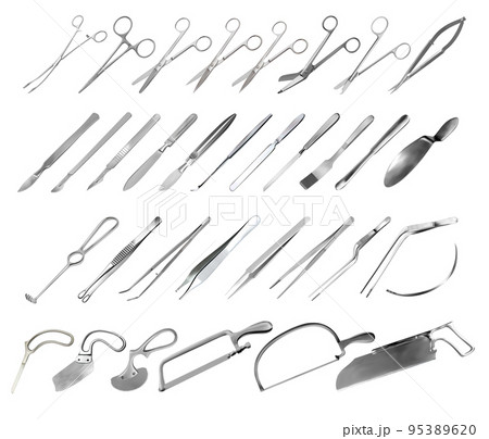 Set of surgical instruments. Tweezers, scalpels, saws, amputation knives, microsurgical forceps and clamps, abdominal spatulas, hook, needle. Scissors of different shapes and purposes. Vector 95389620