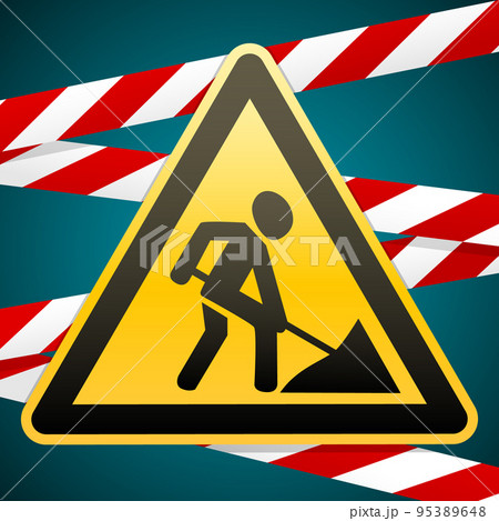 Sign repair works and barrier tapes. Vector illustrations 95389648