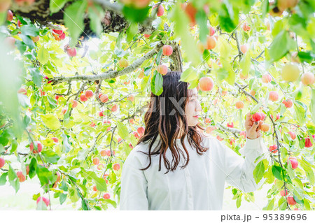 りんごと白いワンピースの女性 95389696