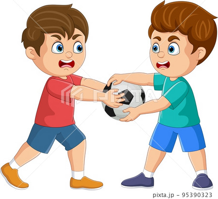 Cartoon two boys fighting over a soccer ball Cartoon two boys fighting over a soccer ball 95390323