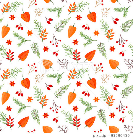 Botanical seasons christmas pattern warm shade berry branch flat. Yew berry physalis pine rosehip poinsettia red flower seamless traditional orange plant design print textile interior gift wrapping Botanical seasons christmas pattern warm shade berry branch flat. Yew berry physalis pine rosehip poinsettia red flower seamless traditional orange plant design print textile interior gift wrapping 95390459