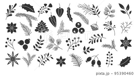 Winter autumn berry christmas tree spruce branch leaf stencil handdrawn black glyph set. Poinsettia fir pine cone star anise viburnum print festive garden home decor card invitation sticker print Winter autumn berry christmas tree spruce branch leaf stencil handdrawn black glyph set. Poinsettia fir pine cone star anise viburnum print festive garden home decor card invitation sticker print 95390460