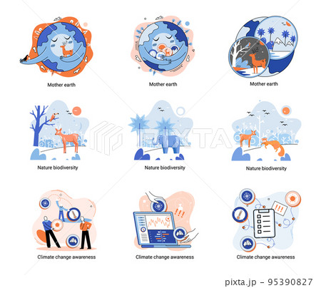Change climate awareness, saving planet, Mother Earth day, nature biodiversity illustrations set metaphor Change climate awareness, saving planet, Mother Earth day, nature biodiversity illustrations set metaphor 95390827