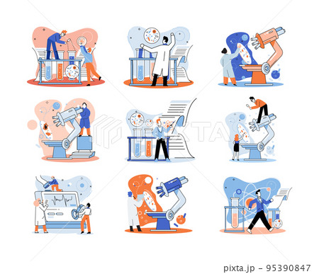Medical research. Laboratory diagnostic services, medical device design and development scenes set metaphor 95390847
