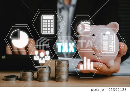 Tax concept for business, Business woman using calculator to complete Individual income tax return form online for tax payment, Data analysis, paperwork, financial research, report, Calculation tax. 95392123