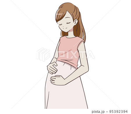 目を閉じてお腹を抱える妊婦さん 95392394
