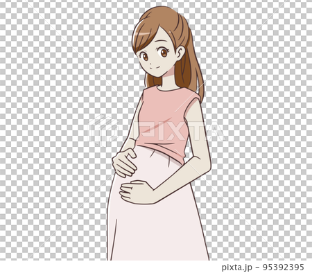 Pregnant woman holding her stomach with a smile 95392395