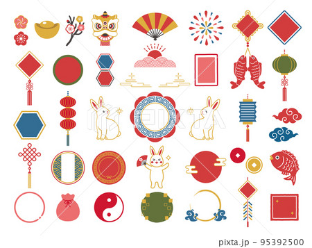 うさぎと中華風フレームの旧正月アイコンセット 95392500
