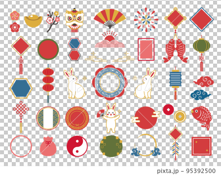 うさぎと中華風フレームの旧正月アイコンセット 95392500