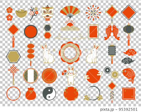 Chinese New Year icon set of rabbit and Chinese style frame 95392501