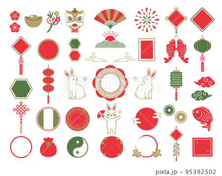 うさぎと中華風フレームの旧正月アイコンセット 95392502