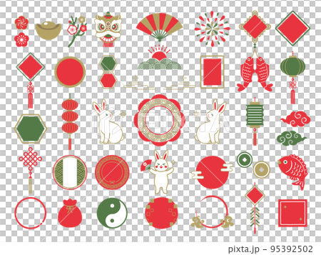 Chinese New Year icon set of rabbit and Chinese style frame 95392502