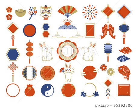 うさぎと中華風フレームの旧正月アイコンセット 95392506