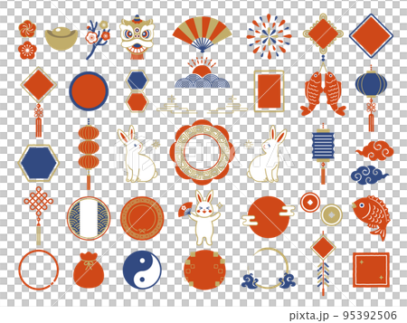 Chinese New Year icon set of rabbit and Chinese style frame 95392506