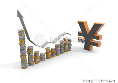 円の価値が下がる。お金の棒グラフで表す。立体の￥の文字。円安ドル高。 95392674