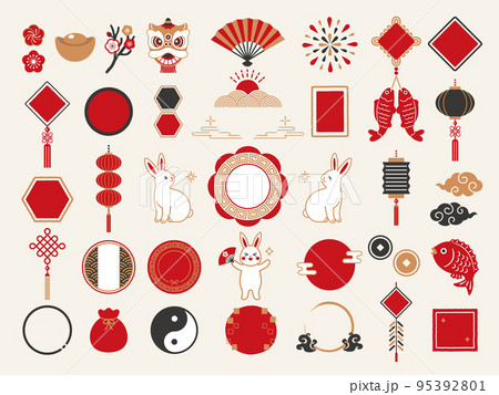 うさぎと中華風フレームの旧正月アイコンセット 95392801
