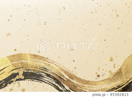 流動的なゴールドの筆線画と金色の和紙の背景 95392815