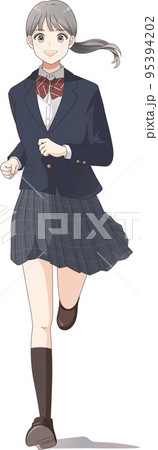 笑顔で走るブレザー服リボンを着たポニーテールヘアの女子学生の全身イラスト 95394202