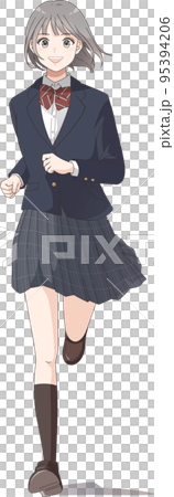 穿著西裝外套絲帶的短髮女學生帶著微笑奔跑的全身插圖 95394206