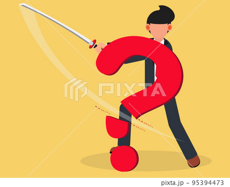 Solving problem. businessman cuts question mark with a sword. Solving problem. businessman cuts question mark with a sword. 95394473