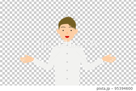 A male student wearing a white school uniform, gesture to spread both hands A male student wearing a white school uniform, gesture to spread both hands 95394600
