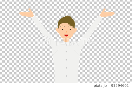 A male student wearing a white school uniform, posing with both hands raised A male student wearing a white school uniform, posing with both hands raised 95394601