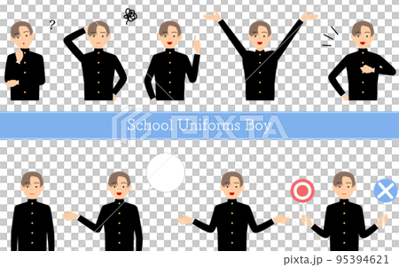 一個穿著校服、提問、尷尬、指點、說話等的男學生的姿勢集。 一個穿著校服、提問、尷尬、指點、說話等的男學生的姿勢集。 95394621
