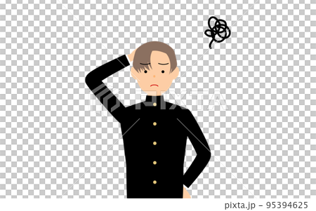 A male student wearing a school uniform puts his hand on his head in trouble A male student wearing a school uniform puts his hand on his head in trouble 95394625